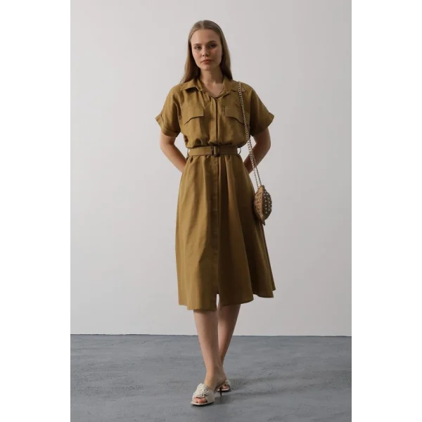 Kuşaklı Cep Detaylı Yarım Kol Elbise - Yağ Yeşili