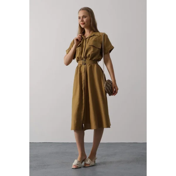 Kuşaklı Cep Detaylı Yarım Kol Elbise - Yağ Yeşili
