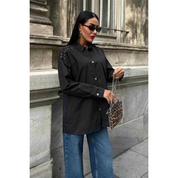 Kuşgözü Ve Biye Detaylı Poplin Gömlek 3419