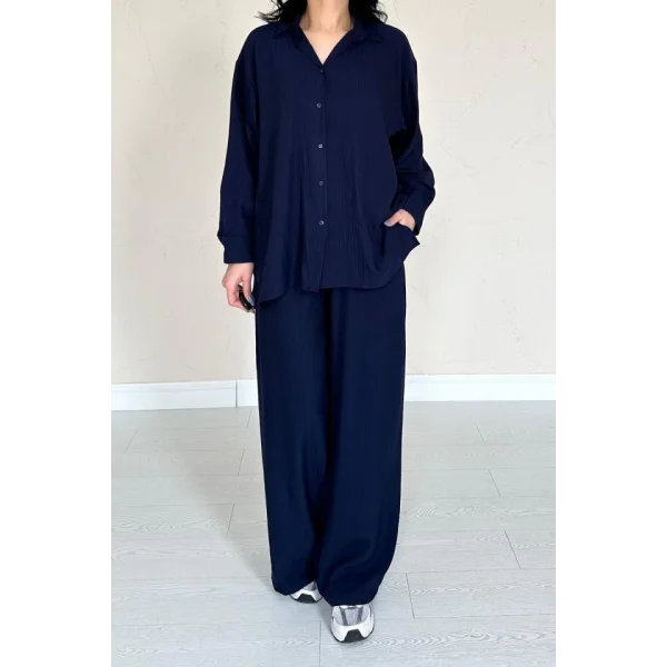 Lacivert Alice Gömlek Ve Bol Kesim Pantolon Takım