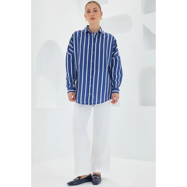 Lacivert Beyaz Çizgili Oversize Basic Gömlek 20254