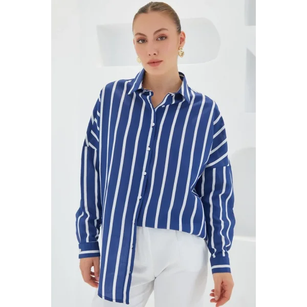 Lacivert Beyaz Çizgili Oversize Basic Gömlek 20254