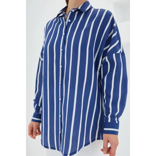 Lacivert Beyaz Çizgili Oversize Basic Gömlek 20254