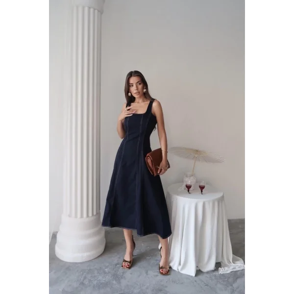 Lacivert Çift Dikişli Gabardin Elbise