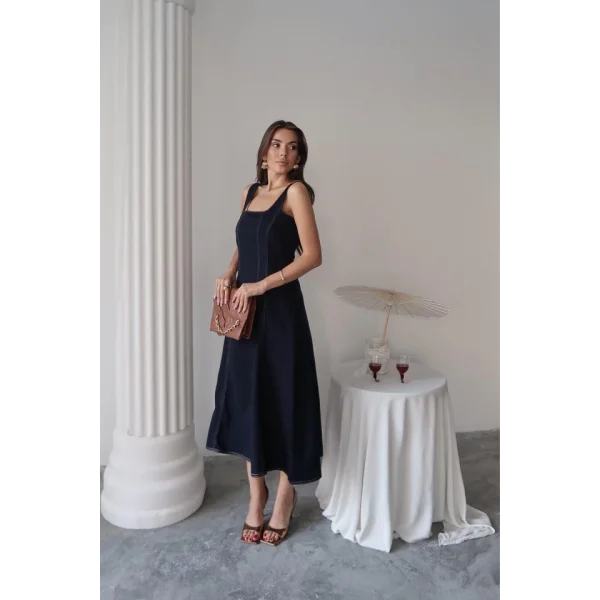 Lacivert Çift Dikişli Gabardin Elbise