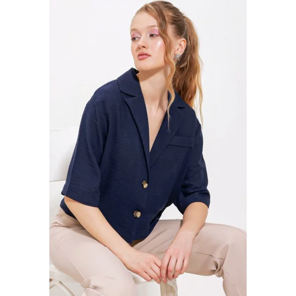 Lacivert Çift Düğmeli Oversize Crop Keten Ceket 0706