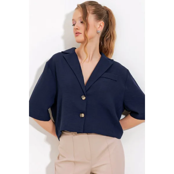 Lacivert Çift Düğmeli Oversize Crop Keten Ceket 0706