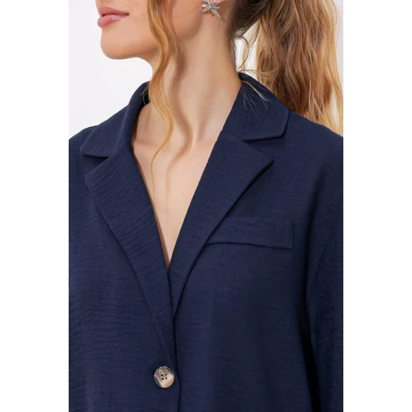 Lacivert Çift Düğmeli Oversize Crop Keten Ceket 0706