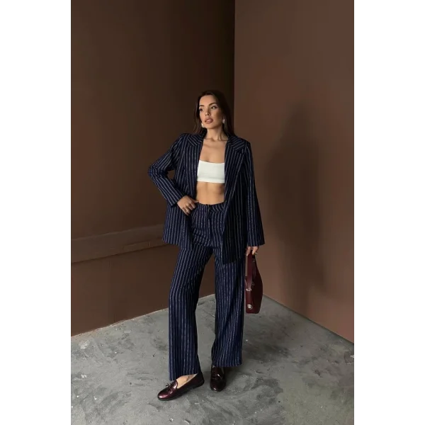 Lacivert Çizgili Ceket Ve Pantolon Takım