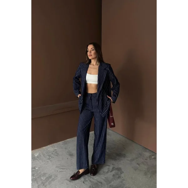 Lacivert Çizgili Ceket Ve Pantolon Takım