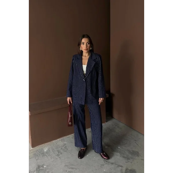 Lacivert Çizgili Ceket Ve Pantolon Takım