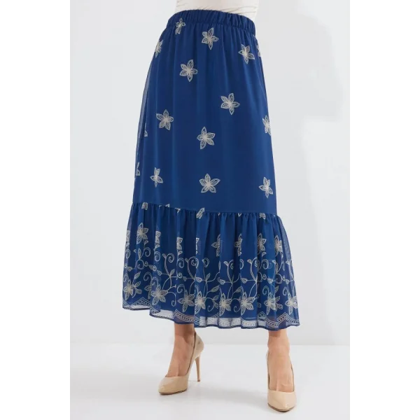 Lacivert Desenli Şifon Etek 8010