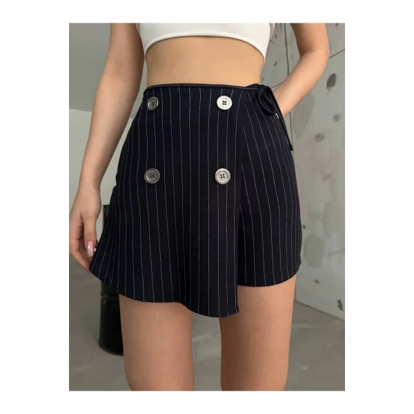 Lacivert Düğme Detaylı İtalyan Çizgili Şort Etek