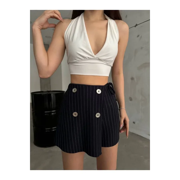 Lacivert Düğme Detaylı İtalyan Çizgili Şort Etek