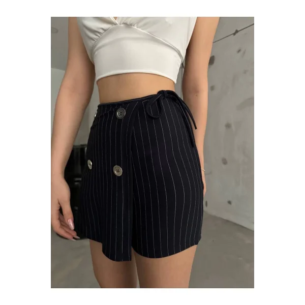 Lacivert Düğme Detaylı İtalyan Çizgili Şort Etek