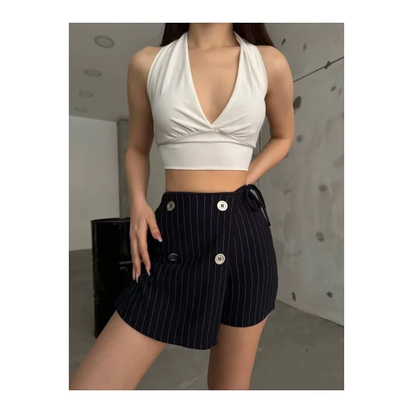 Lacivert Düğme Detaylı İtalyan Çizgili Şort Etek