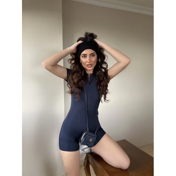 Lacivert Fermuarlı Şort Tulum