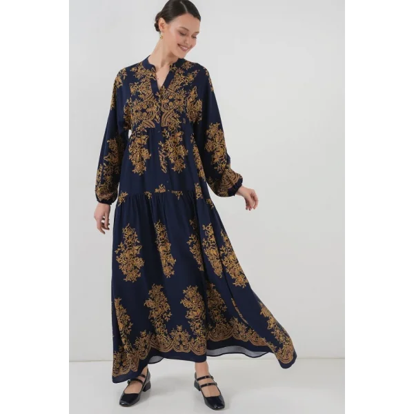 Lacivert Gold Desenli Tesettür Elbise 23