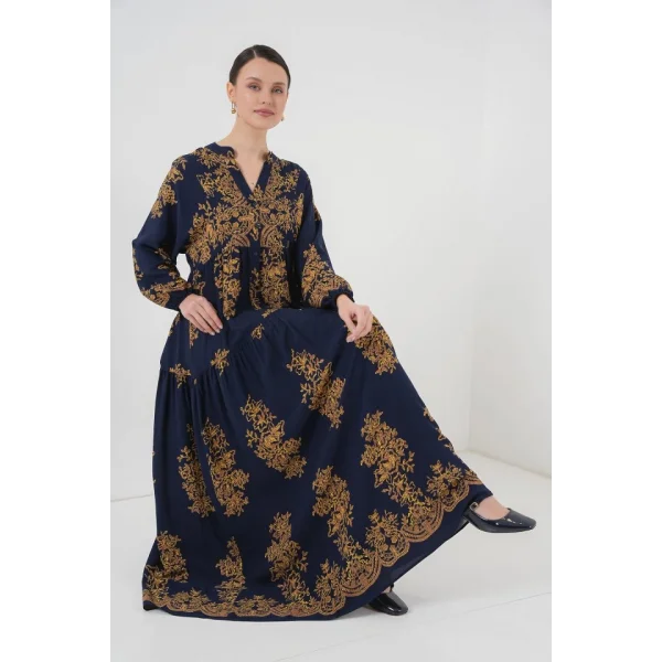 Lacivert Gold Desenli Tesettür Elbise 23