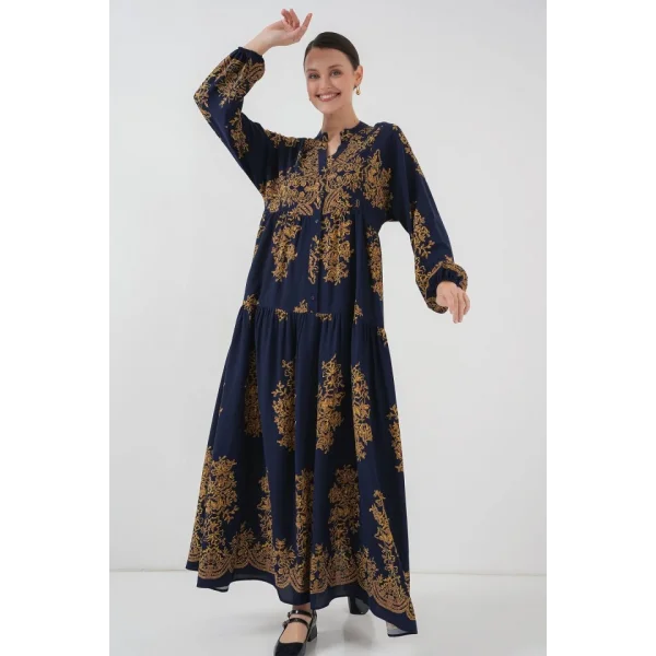 Lacivert Gold Desenli Tesettür Elbise 23