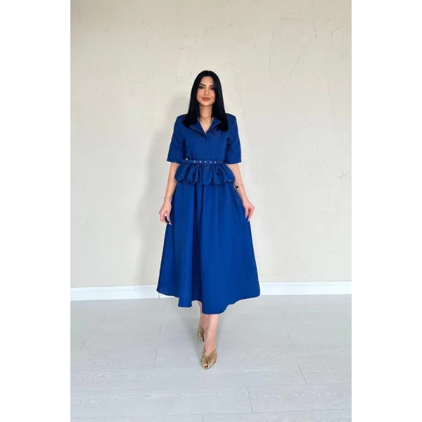 Lacivert İnce Kemerli Fırfırlı Ceket Ve Büzgülü Etek Takım