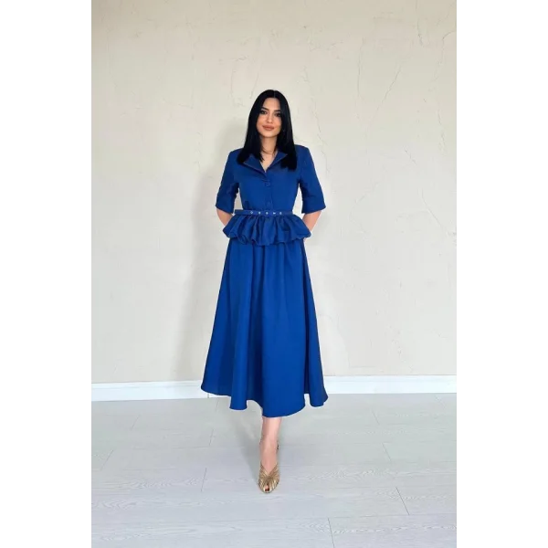 Lacivert İnce Kemerli Fırfırlı Ceket Ve Büzgülü Etek Takım