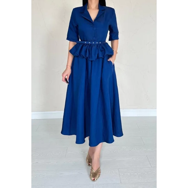 Lacivert İnce Kemerli Fırfırlı Ceket Ve Büzgülü Etek Takım