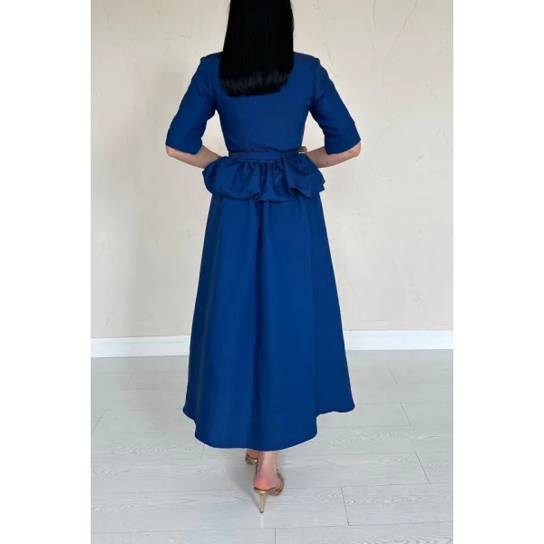 Lacivert İnce Kemerli Fırfırlı Ceket Ve Büzgülü Etek Takım