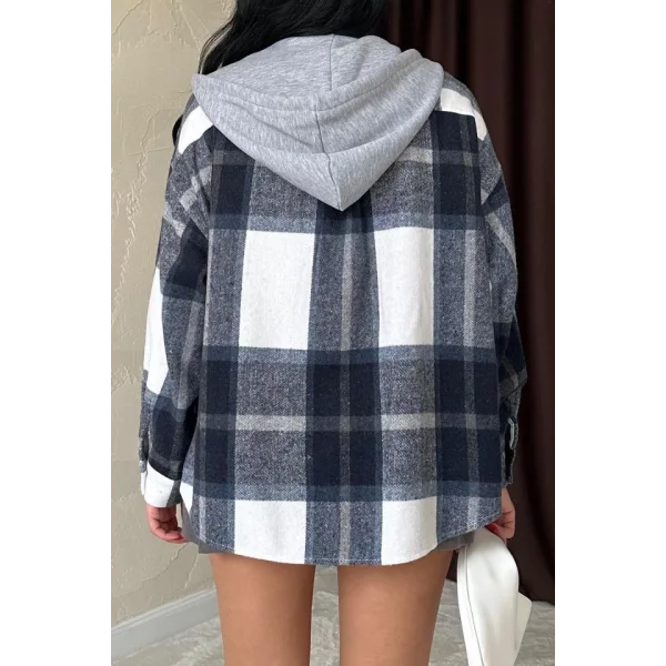 Lacivert Kapüşonlu Oduncu Gömlek