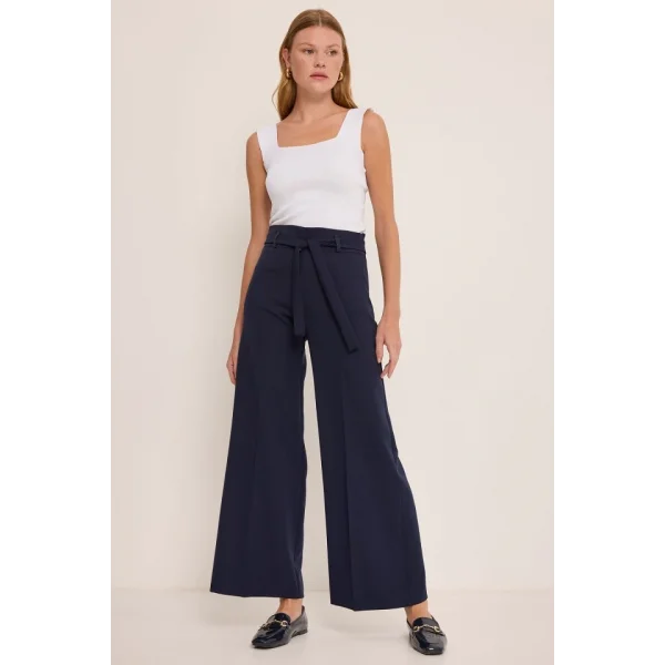 Lacivert Kuşaklı Bol Paça Palazzo Pantolon 6651