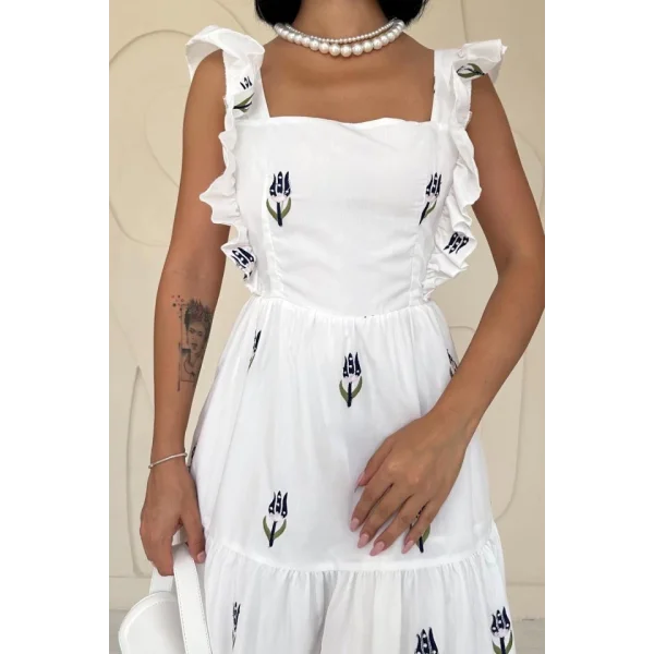 Lacivert Sıfır Kol Fırfırlı Elbise