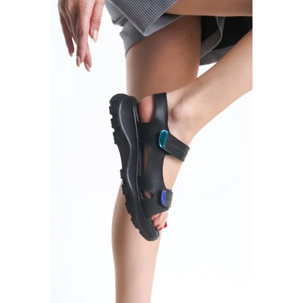 LAMIA Cırt Cırtlı Ortopedik Taban Kadın Sandalet CST - Siyah