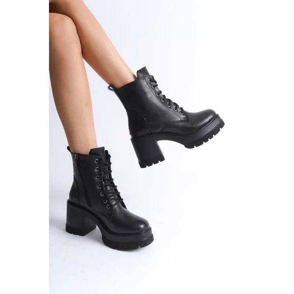 LAUREN Bağcıklı Fermuarlı Ortopedik Taban Topuklu Kadın Bot CST - Siyah