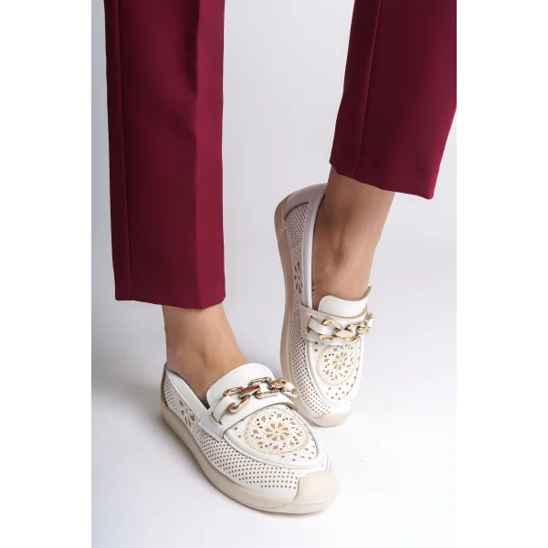 LAYLA Bağcıksız Ortopedik Rahat Taban Çiçek Desenli Kadın Babet Ayakkabı  CKT - Beyaz