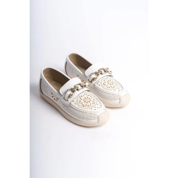 LAYLA Bağcıksız Ortopedik Rahat Taban Çiçek Desenli Kadın Babet Ayakkabı  CKT - Beyaz