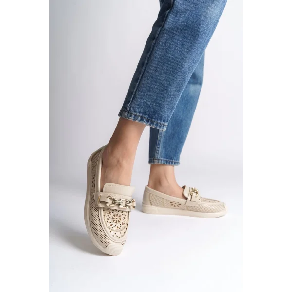 LAYLA Bağcıksız Ortopedik Rahat Taban Çiçek Desenli Kadın Babet Ayakkabı CKT - Krem