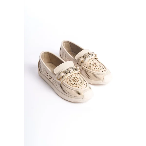 LAYLA Bağcıksız Ortopedik Rahat Taban Çiçek Desenli Kadın Babet Ayakkabı CKT - Krem