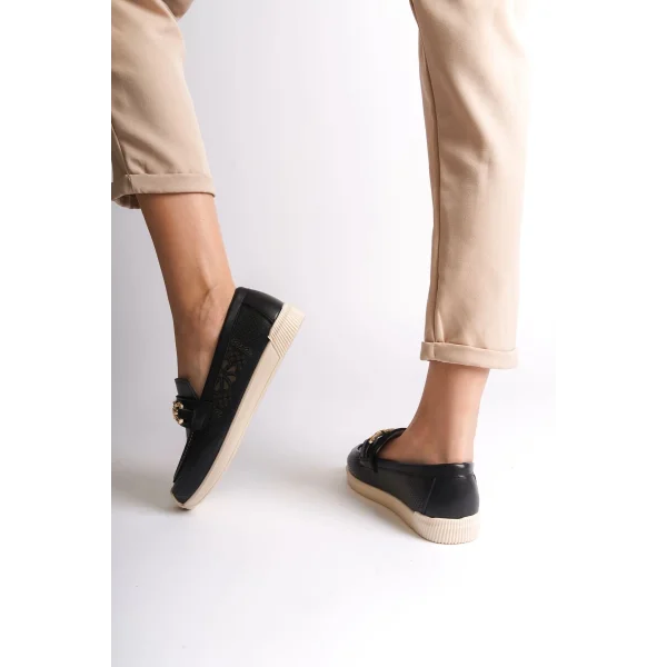 LAYLA Bağcıksız Ortopedik Rahat Taban Çiçek Desenli Kadın Babet Ayakkabı  CKT - Siyah