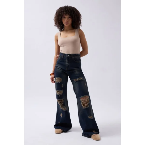 Lazer Kesim Wide Leg Yüksek Bel Jean