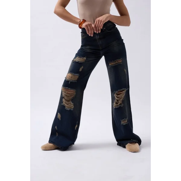 Lazer Kesim Wide Leg Yüksek Bel Jean