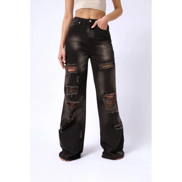 Lazer Kesim Wide Leg Yüksek Bel Jean