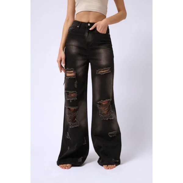 Lazer Kesim Wide Leg Yüksek Bel Jean