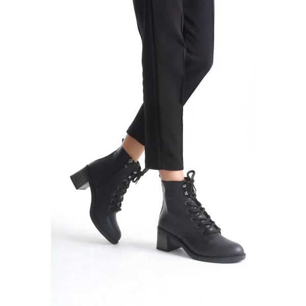 LENA Bağcıklı Fermuarlı Ortopedik Taban Topuklu Kadın Bot  CST - Siyah