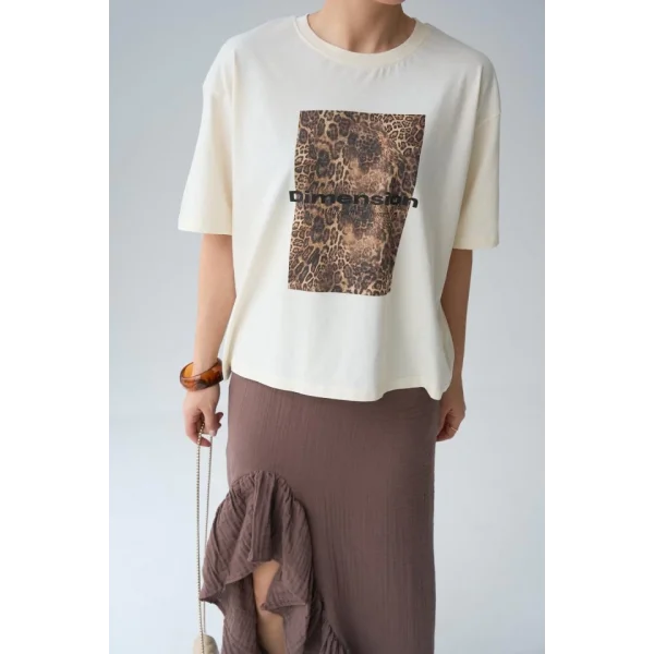 Leopar Baskı T-Shirt - Ekru