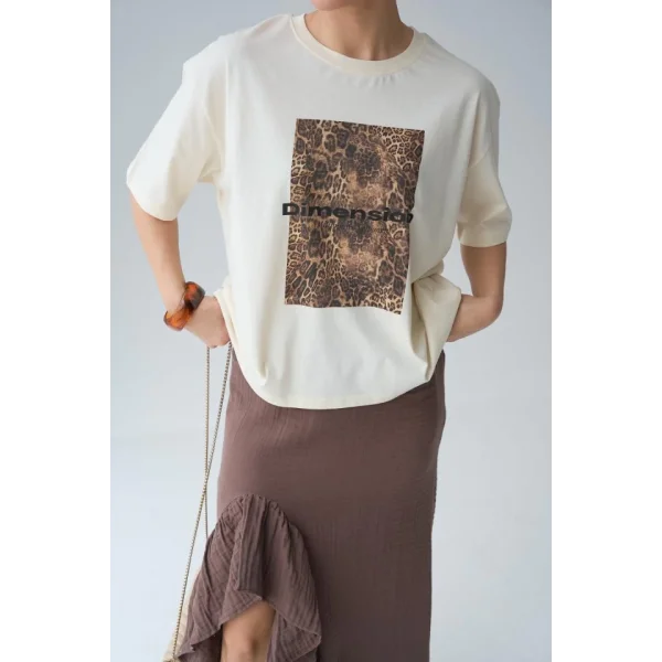 Leopar Baskı T-Shirt - Ekru