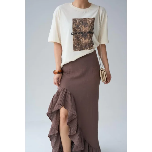 Leopar Baskı T-Shirt - Ekru