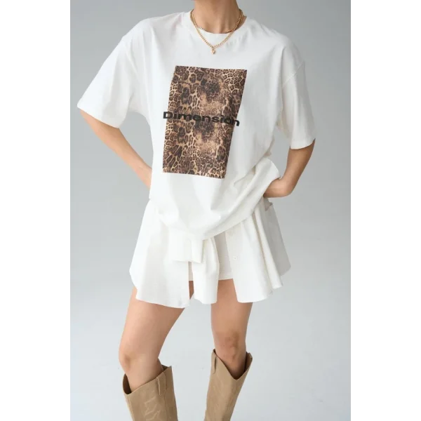 Leopar Baskı T-Shirt - Krem