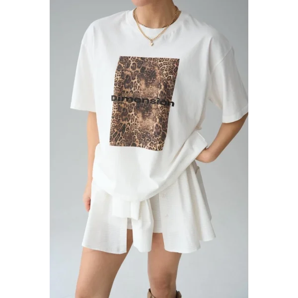 Leopar Baskı T-Shirt - Krem