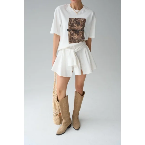 Leopar Baskı T-Shirt - Krem