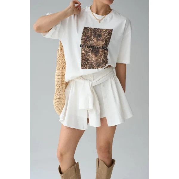 Leopar Baskı T-Shirt - Krem